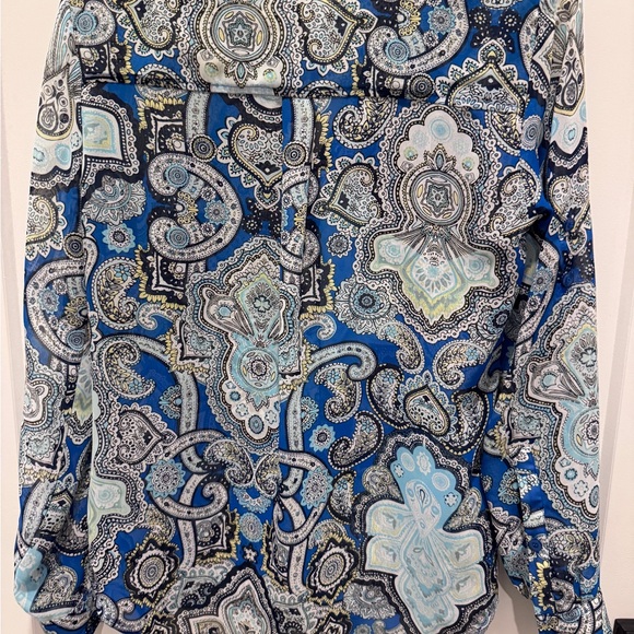New York & Company Blue, teal and Black Collared Paisley Sheer Blouse - Picture 2 of 6
